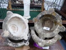 A GROUP OF FOUR ANTIQUE CARVED MARBLE MORTARS.