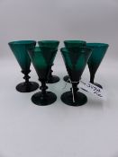 SIX EMERALD GREEN WINE GLASSES.