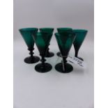 SIX EMERALD GREEN WINE GLASSES.