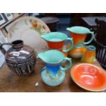 THREE ART DECO SHELLEY JUGS, A SIMILAR CONICAL VASE, A ROYAL LANCASTRIAN BOWL, A CROWN DUCAL PLATTER