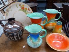 THREE ART DECO SHELLEY JUGS, A SIMILAR CONICAL VASE, A ROYAL LANCASTRIAN BOWL, A CROWN DUCAL PLATTER