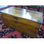 A 19th.C.SMALL CAMPAIGN CAMPHORWOOD CHEST WITH INSET BRASS BINDINGS. W.73cms.