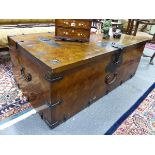 A LARGE ORIENTAL INLAID IRON MOUNTED COFFER WITH FLANKING CARRYING HANDLES. W.140 D.74 H.53cms.