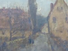 19th/20th.C.SCHOOL. VILLAGE IN MOONLIGHT, SIGNED INDISTINCTLY, OIL ON BOARD. 36 x 60cms.