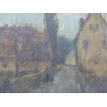 19th/20th.C.SCHOOL. VILLAGE IN MOONLIGHT, SIGNED INDISTINCTLY, OIL ON BOARD. 36 x 60cms.