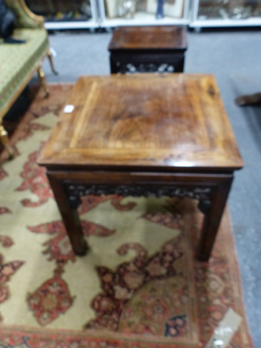 TWO CHINESE CARVED HARDWOOD SQUARE STANDS WITH PIERCED FOLIATE APRONS AND MOULDED STRAIGHT LEGS. - Image 2 of 17