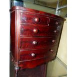 A VICTORIAN MINIATURE MAHOGANY BOW FRONT APPRENTICE CHEST, TWO SHORT DRAWERS OVER THREE LONG DRAWERS