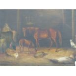 19th.C.ENGLISH SCHOOL. STABLE INTERIOR WITH MARE, FOAL AND OTHER ANIMALS, OIL ON CANVAS. 50 x