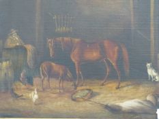 19th.C.ENGLISH SCHOOL. STABLE INTERIOR WITH MARE, FOAL AND OTHER ANIMALS, OIL ON CANVAS. 50 x