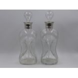 TWO PINCHED GLASS DECANTERS WITH SILVER HALLMARKED COLLARS, 1904 LONDON, STAMPED ASPREY LONDON,