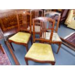 FOUR ANTIQUE DUTCH MARQUETRY INLAID NEOCLASSIC STYLE CHAIRS WITH PIERCED SPLATS ABOVE SHAPED SEATS.