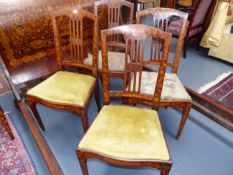 FOUR ANTIQUE DUTCH MARQUETRY INLAID NEOCLASSIC STYLE CHAIRS WITH PIERCED SPLATS ABOVE SHAPED SEATS.