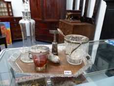 AN EDWARDIAN PIERCED RIM TRAY, A SILVER MOUNTED DECANTER, ETC.