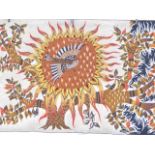 AN ARTISAN TAPESTRY WALL HANGING OF A STYLISED BIRD WITHIN A SUNFLOWER ENCIRCLED BY BRANCHES, SIGNED