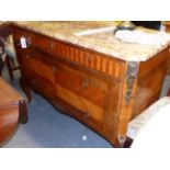 A FRENCH LOUIS XVI STYLE INLAID MARBLE TOP COMMODE, THREE LONG DRAWERS WITH ORMOLU MOUNTS.