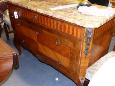 A FRENCH LOUIS XVI STYLE INLAID MARBLE TOP COMMODE, THREE LONG DRAWERS WITH ORMOLU MOUNTS.