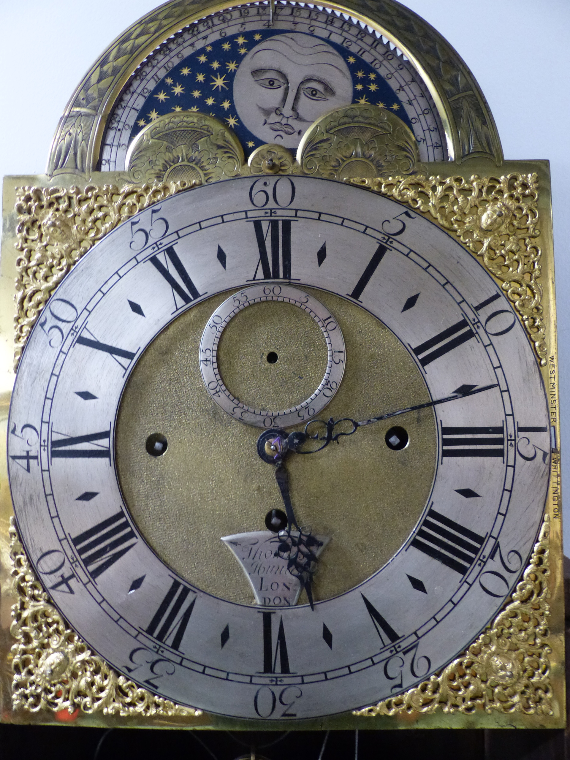 AN 18th.C.WALNUT CASED EIGHT DAY LONG CASE CLOCK WITH THREE TRAIN EIGHT BELL CHIMING MOVEMENT. 12"