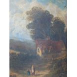 19th.C.ENGLISH SCHOOL. TWO SCENES OF COTTAGES WITH FIGURES IN WOODLAND, ONE OIL ON CANVAS, THE OTHER