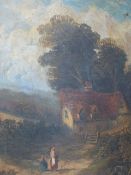 19th.C.ENGLISH SCHOOL. TWO SCENES OF COTTAGES WITH FIGURES IN WOODLAND, ONE OIL ON CANVAS, THE OTHER