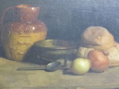 20th.C.SCHOOL. TABLE TOP STILL LIFE, OIL ON BOARD. 48 x 58cms.