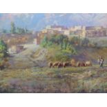 ABD-AL HOSSAIN MOHSENI. (IRANIAN 20th/21st.C.) A VILLAGE IN THE MOUNTAIN FOOTHILLS, SIGNED OIL ON