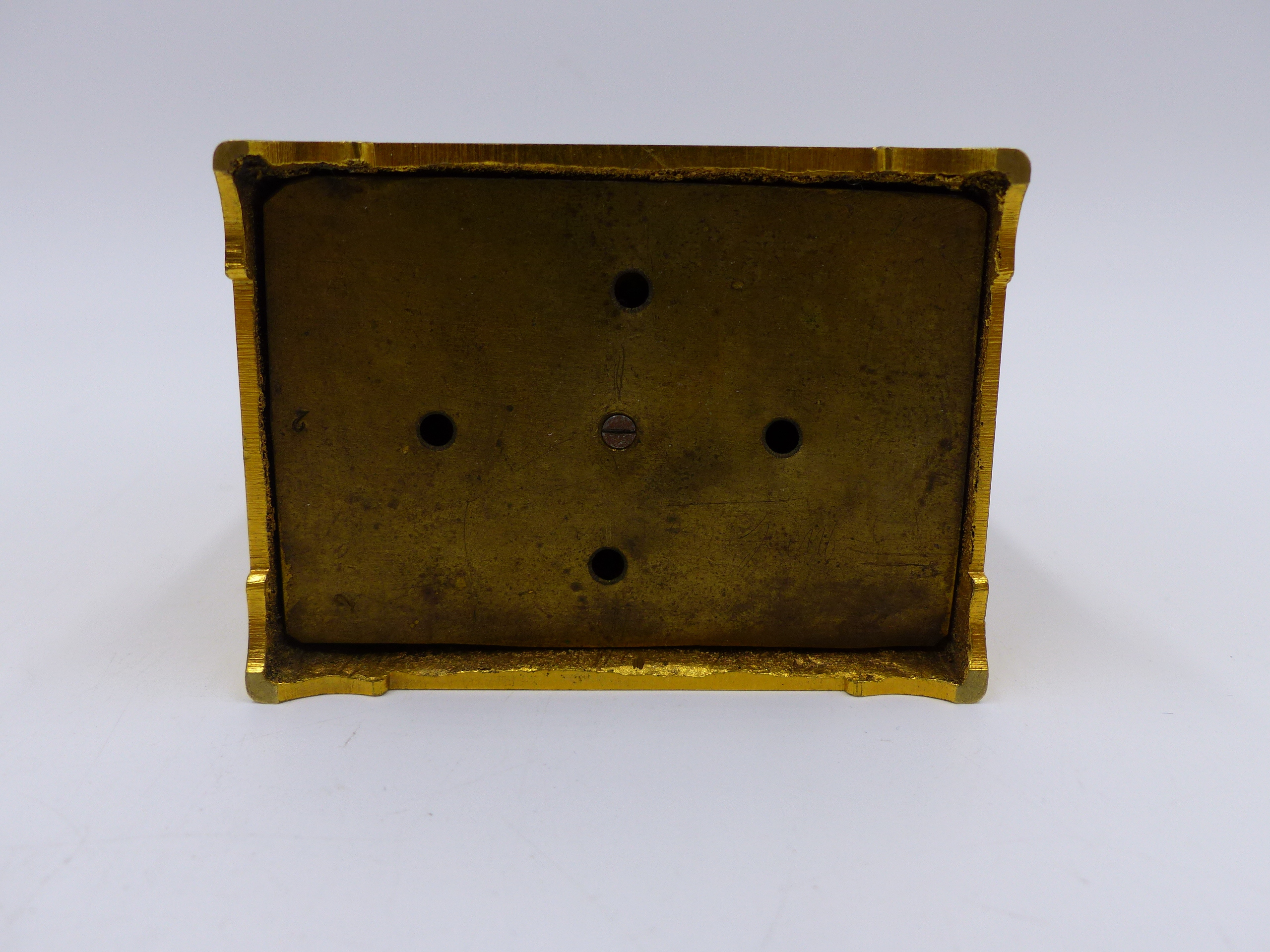 A SMALL GILT BRASS CASED DRESSING TABLE OR BEDSIDE CLOCK WITH ALARM AND PUSH 1/4 REPEAT BELL - Image 6 of 9