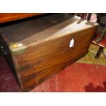 AN ANTIQUE BRASS BOUND CAMPHOR WOOD CAMPAIGN TRAVELLING TRUNK. BRASS CARRYING HANDLES. W.106cm.