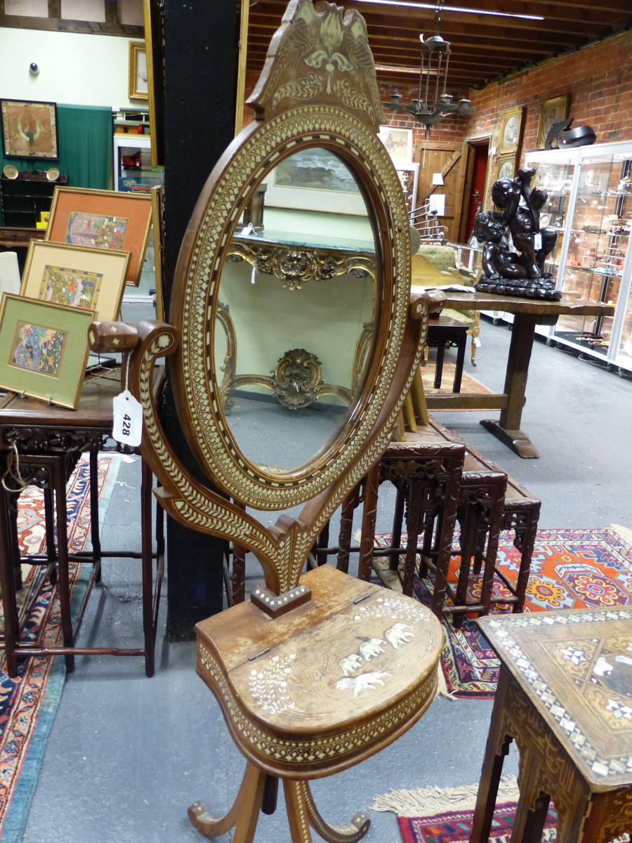 AN INDO PERSIAN INLAID HARDWOOD DRESSING MIRROR ON STAND, ALL OVER BANDED DECORATION WITH ANIMAL AND