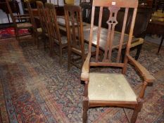 A SET OF six EARLY 20th.C.ARTS AND CRAFTS OAK DINING CHAIRS.