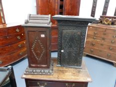 TWO ANTIQUE AND LATER OAK WALL CABINETS.