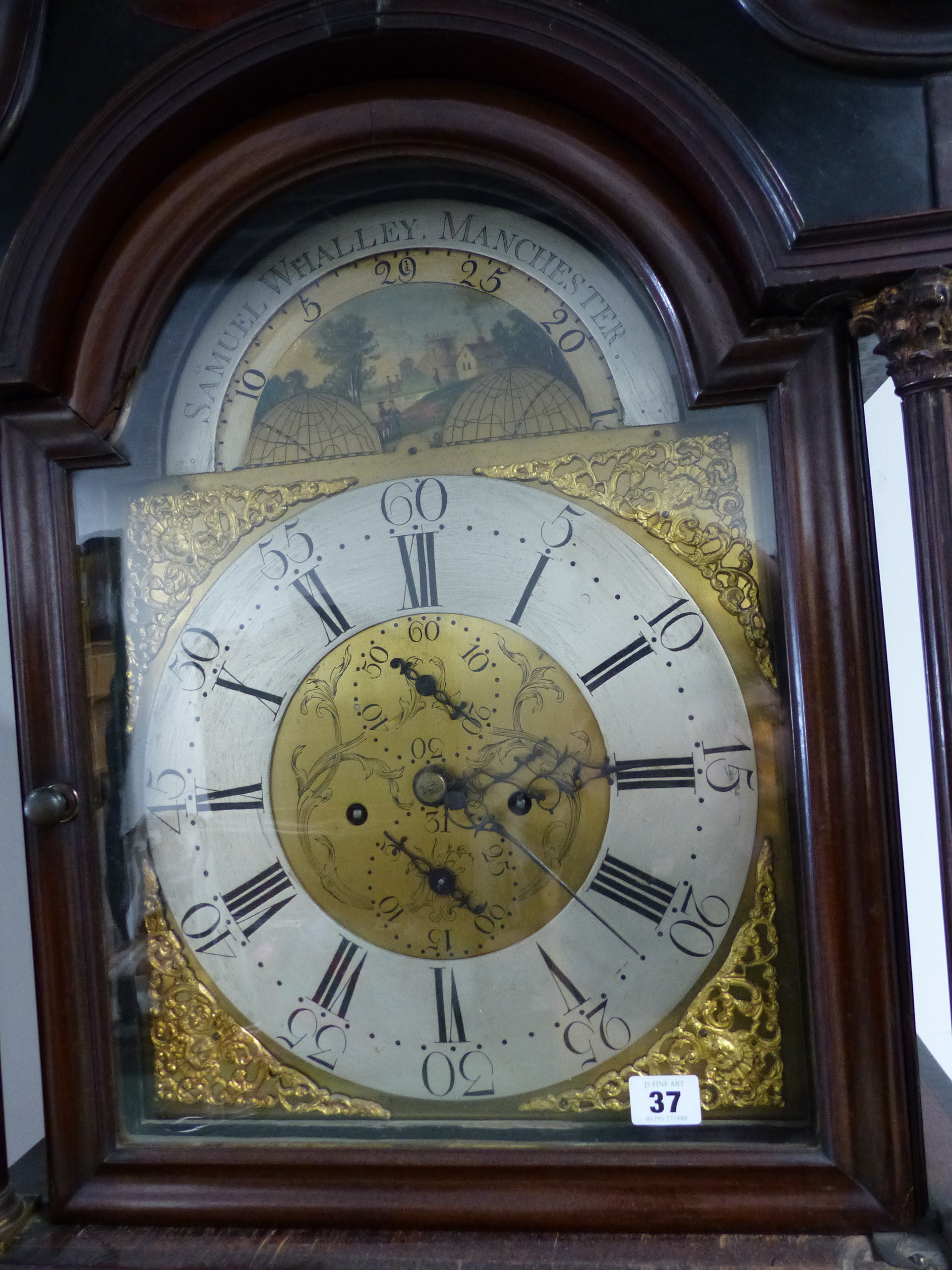 A GOOD 19th.C. MAHOGANY CASED 8 DAY LONG CASE CLOCK WITH 13" ARCH BRASS DIAL, SUBSIDIARY MOON PHASE,