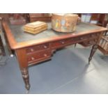 A MAHOGANY MID 19th.C.GENTLEMAN'S LIBRARY WRITING TABLE WITH INSET BLACK LEATHER TOP, FIVE APRON