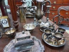 A COLLECTION OF SILVER PLATEDWARES, CUTLERY AND TWO CLOCKS.