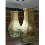 A PAIR OF ANTIQUE CONTINENTAL HEXAGONAL BALUSTER FORM OPANLINE VASES, ENAMEL POLYCHROME FLORAL