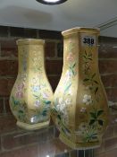 A PAIR OF ANTIQUE CONTINENTAL HEXAGONAL BALUSTER FORM OPANLINE VASES, ENAMEL POLYCHROME FLORAL