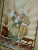 A PAIR OF 18th.C.CONTINENTAL COLLAGE PICTURES OF ROMANTIC COUPLES, STRAW WORK AND SILK WITH