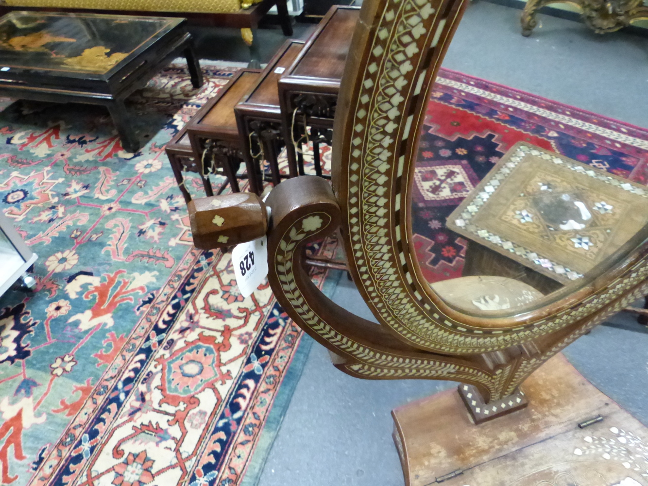 AN INDO PERSIAN INLAID HARDWOOD DRESSING MIRROR ON STAND, ALL OVER BANDED DECORATION WITH ANIMAL AND - Image 4 of 25