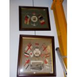 TWO WORLD WAR I COMMEMORATIVE NEEDLEWORK PANELS BOTH DECORATED WITH FLAGS SURROUNDING PORTRAIT