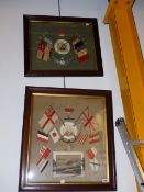 TWO WORLD WAR I COMMEMORATIVE NEEDLEWORK PANELS BOTH DECORATED WITH FLAGS SURROUNDING PORTRAIT