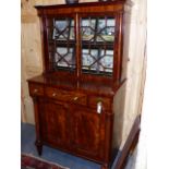 AN INLAID MAHOGANY REGENCY AND LATER CABINET WITH ASTRAGAL GLAZED UPPER SECTION FLANKED BY COLUMN