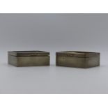 A PAIR OF WHITE METAL WOOD LINED HINGED BOXES WITH EQUESTRIAN SCENES. APPROXIMATE MEASUREMENTS 9.