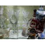 SIX CUT CRYSTAL TALL LIQUEURS (H.14cms) TOGETHER WITH THREE VARIOUS WINE GLASSES AND TWO RUBY