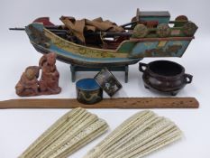 A GROUP OF ORIENTAL OBJECTS TO INCLUDE A MODEL JUNK, A SOAPSTONE FIGURE, TWO PIERCEDWORK FANS, A