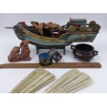 A GROUP OF ORIENTAL OBJECTS TO INCLUDE A MODEL JUNK, A SOAPSTONE FIGURE, TWO PIERCEDWORK FANS, A