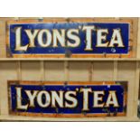 A PAIR OF LARGE LYONS TEA ENAMEL SIGNS. 46 x 151cms.