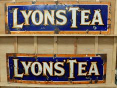 A PAIR OF LARGE LYONS TEA ENAMEL SIGNS. 46 x 151cms.