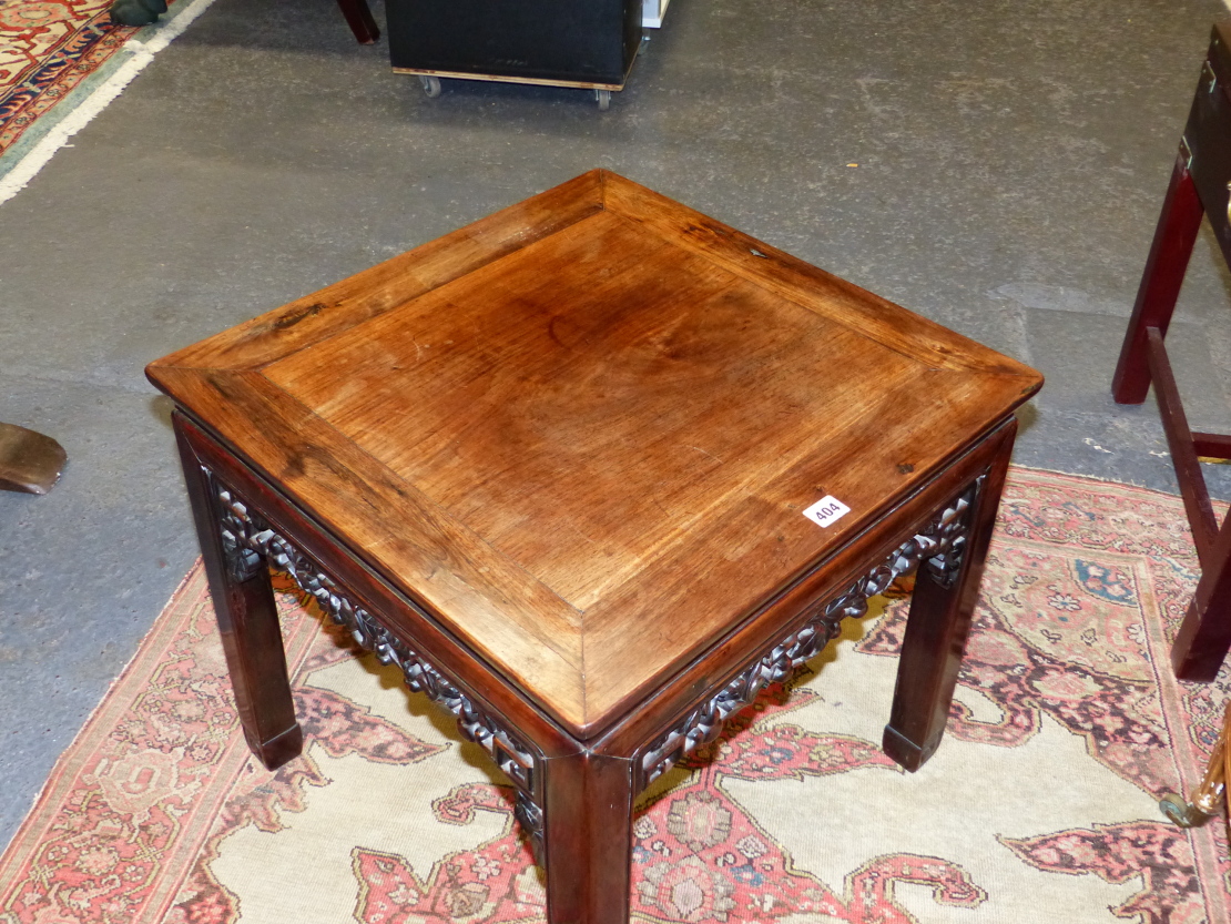 TWO CHINESE CARVED HARDWOOD SQUARE STANDS WITH PIERCED FOLIATE APRONS AND MOULDED STRAIGHT LEGS. - Image 6 of 17