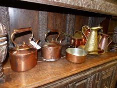 TWO VICTORIAN COPPER KETTLES AND VARIOUS OTHER BRASSWARE,ETC.