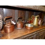 TWO VICTORIAN COPPER KETTLES AND VARIOUS OTHER BRASSWARE,ETC.