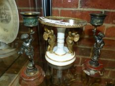 A PAIR OF FRENCH ANTIQUE BRONZE AND MARBLE CANDLESTICKS, SATYR SUPPORTS TOGETHER WITH A GILT METAL